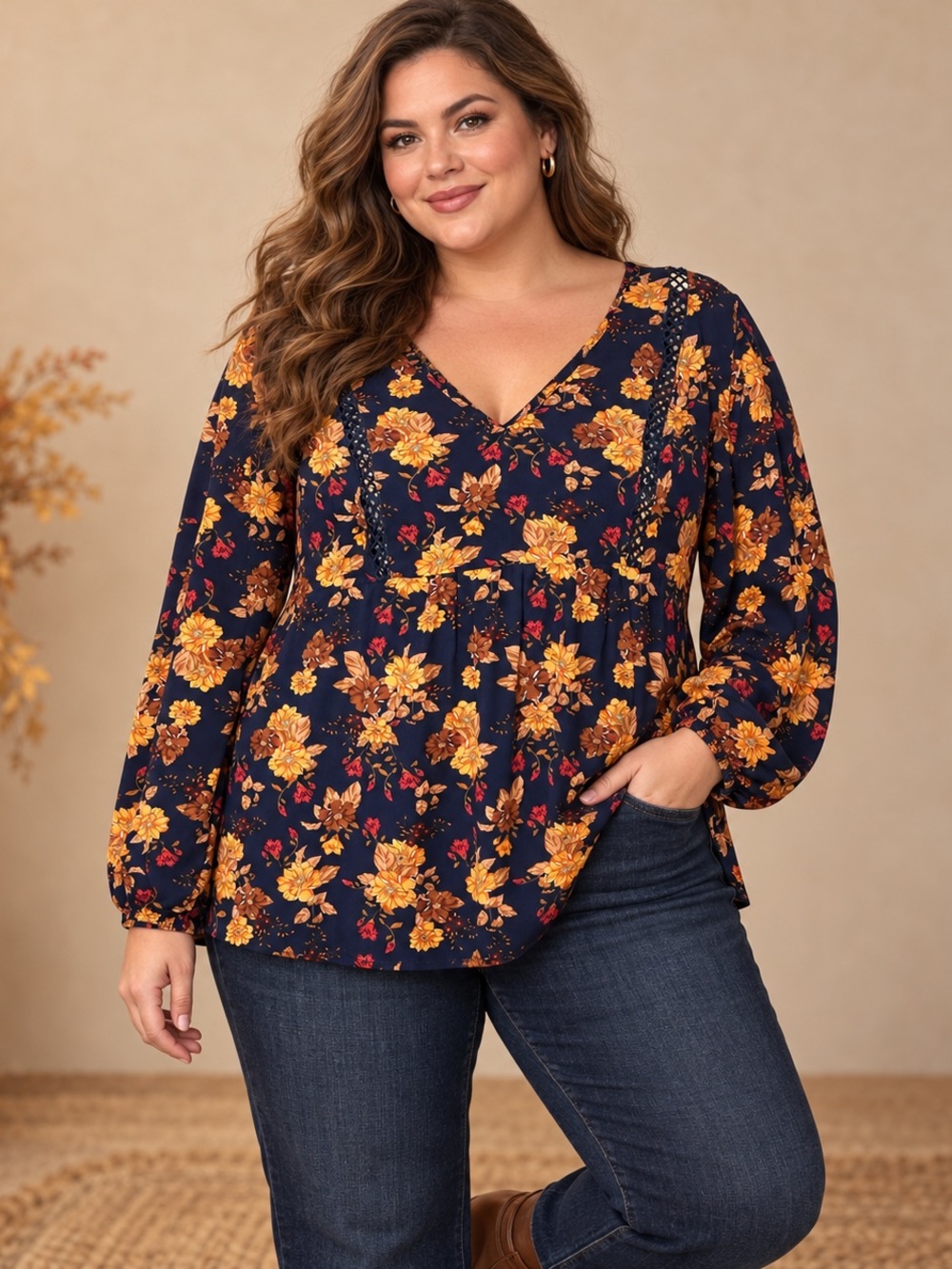 BloomChic Plus Size 18-20 Navy Fall Floral Lace Trim Peplum Blouse